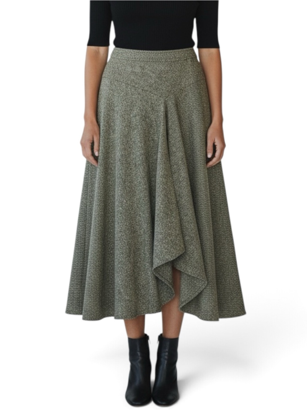 Isabella Bird Wool Silk Tweed Asymmetric Midi Skirt Taupe Size 6 Classic Twee